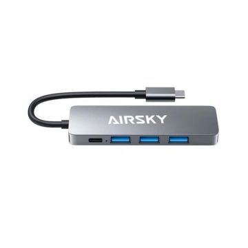 Adaptateur AIRSKY Type-C 5en1 Vers USB 3.0 + 3 * USB 2.0 + Port de Charge USB C PD HC-13E Argent